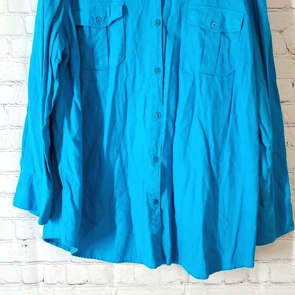 Woman Within Pool Blue Long Sleeve Plus Size Linen Blend Button Shirt Size Large - Picture 5 of 13